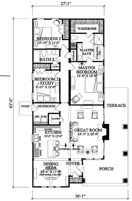Bungalow, Craftsman House Plan 57064 with 3 Beds, 2 Baths First Level Plan