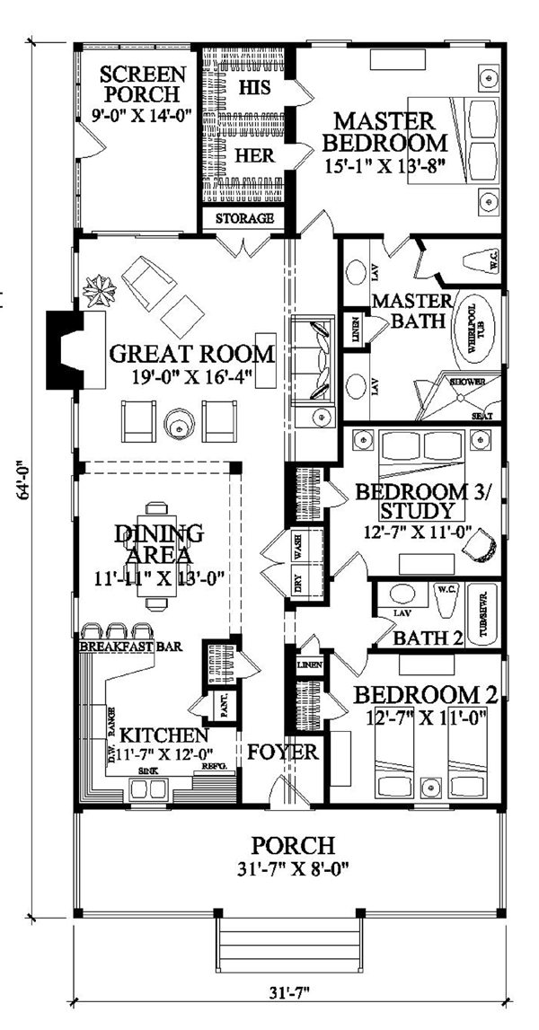 Colonial, Southern, Traditional House Plan 57065 with 3 Beds, 2 Baths Level One