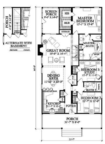 Colonial, Southern, Traditional House Plan 57065 with 3 Beds, 2 Baths Alternate Level One