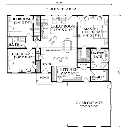 Ranch, Traditional House Plan 57069 with 3 Beds, 2 Baths, 2 Car Garage First Level Plan