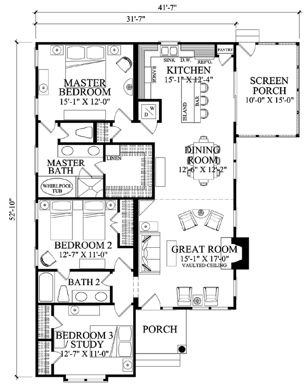 Contemporary, Craftsman House Plan 57070 with 3 Beds, 2 Baths Level One