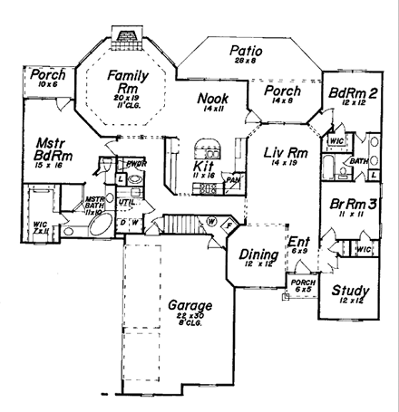 European House Plan 57101 with 3 Beds, 3 Baths, 3 Car Garage First Level Plan