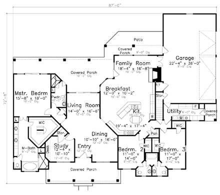 Ranch House Plan 57104 with 3 Beds, 3 Baths, 3 Car Garage First Level Plan