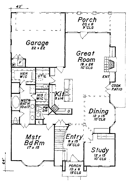 European House Plan 57150 with 3 Beds, 3 Baths, 2 Car Garage First Level Plan