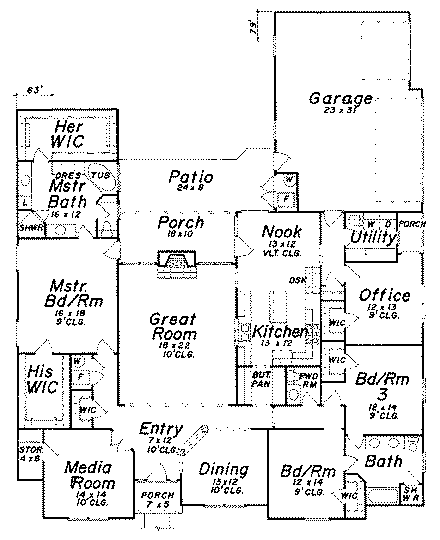 European House Plan 57170 with 3 Beds, 3 Baths, 3 Car Garage First Level Plan