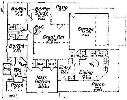 European House Plan 57175 with 3 Beds, 2 Baths, 2 Car Garage First Level Plan