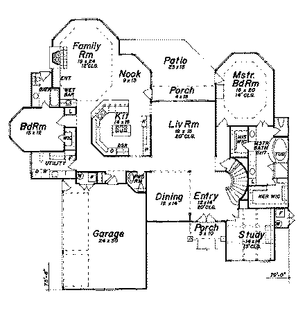 European House Plan 57202 with 4 Beds, 5 Baths, 3 Car Garage First Level Plan
