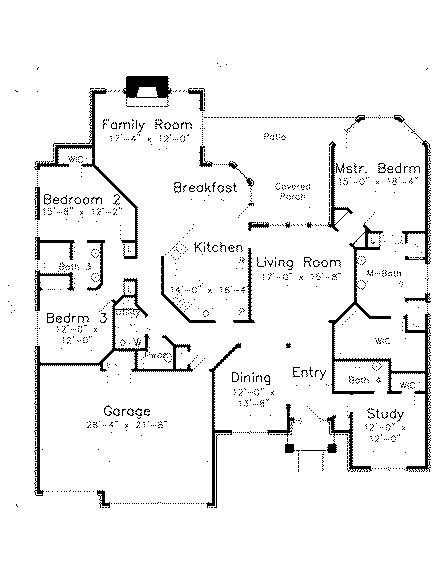 European House Plan 57205 with 4 Beds, 4 Baths, 3 Car Garage First Level Plan