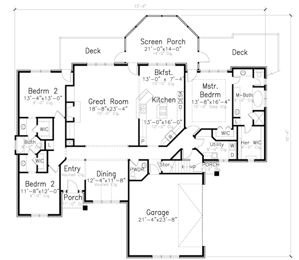 European House Plan 57207 with 3 Beds, 2 Baths, 2 Car Garage Level One