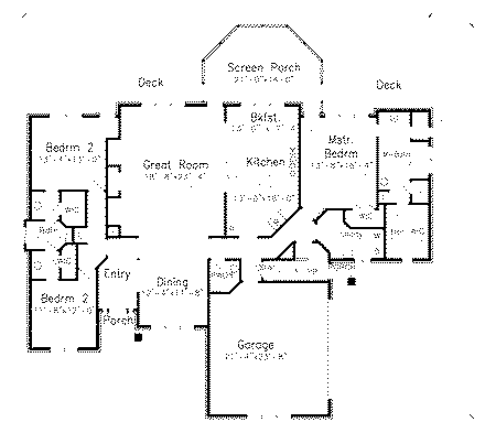 European House Plan 57207 with 3 Beds, 2 Baths, 2 Car Garage First Level Plan
