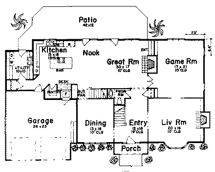 European House Plan 57211 with 3 Beds, 4 Baths, 2 Car Garage First Level Plan