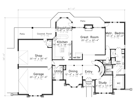 European House Plan 57215 with 3 Beds, 4 Baths, 3 Car Garage First Level Plan