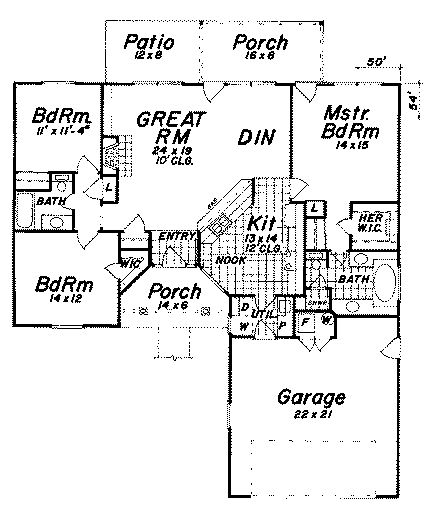 European House Plan 57226 with 3 Beds, 2 Baths, 2 Car Garage First Level Plan