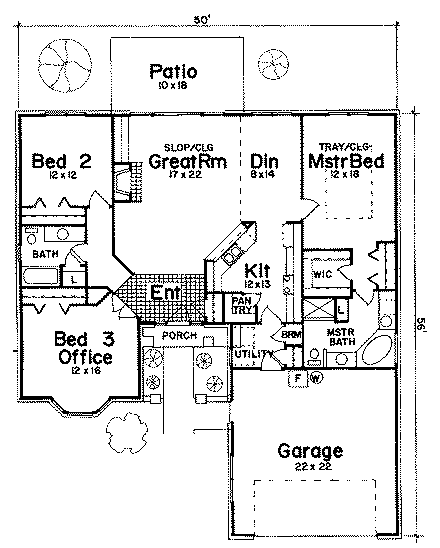 European House Plan 57228 with 3 Beds, 2 Baths, 2 Car Garage First Level Plan