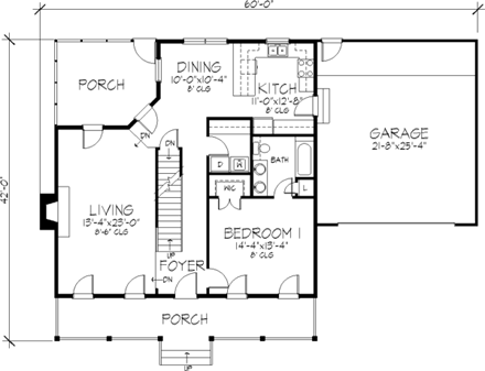 Country House Plan 57335 with 3 Beds, 2 Baths, 2 Car Garage First Level Plan
