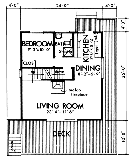 Cabin, Contemporary, Country, Narrow Lot House Plan 57340 with 3 Beds, 2 Baths, 1 Car Garage First Level Plan