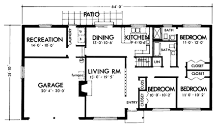 One-Story, Ranch House Plan 57342 with 3 Beds, 2 Baths, 2 Car Garage First Level Plan