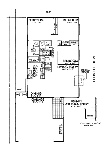 Narrow Lot, One-Story House Plan 57358 with 3 Beds, 2 Baths, 2 Car Garage First Level Plan