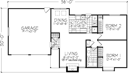 One-Story, Ranch House Plan 57360 with 2 Beds, 1 Baths, 2 Car Garage First Level Plan