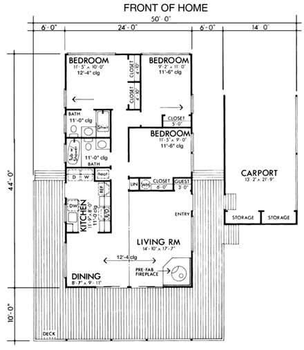 Cabin, One-Story, Retro House Plan 57369 with 3 Beds, 2 Baths, 1 Car Garage First Level Plan