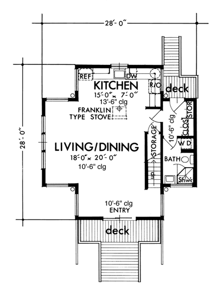 Narrow Lot House Plan 57389 with 1 Beds, 1 Baths First Level Plan