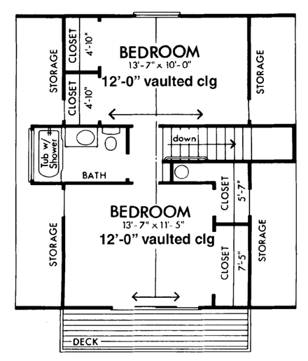 Cabin, Contemporary, Cottage, Narrow Lot House Plan 57391 with 3 Beds, 2 Baths, 1 Car Garage Second Level Plan