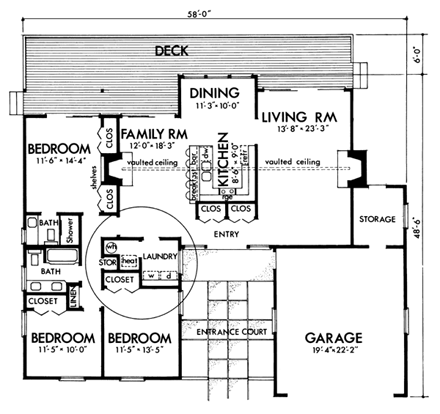House Plan 57395 with 3 Beds, 3 Baths, 2 Car Garage First Level Plan