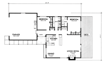 One-Story, Ranch House Plan 57401 with 2 Beds, 2 Baths, 2 Car Garage First Level Plan