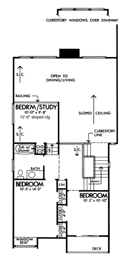 Contemporary House Plan 57414 with 3 Beds, 2 Baths, 2 Car Garage Second Level Plan