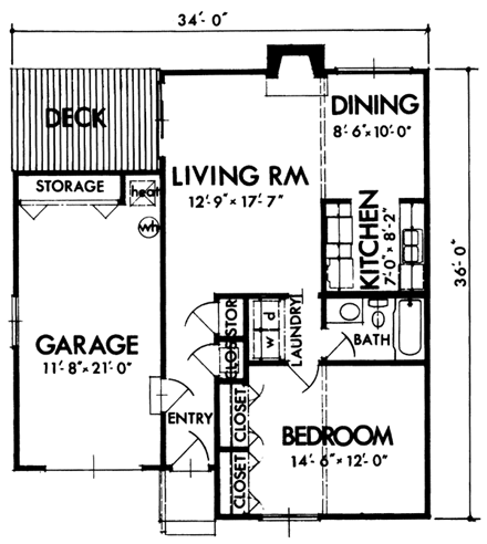 Contemporary House Plan 57419 with 1 Beds, 1 Baths, 1 Car Garage First Level Plan