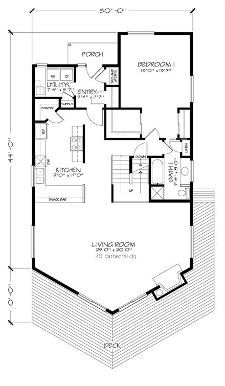 A-Frame, Narrow Lot House Plan 57438 with 3 Beds, 2 Baths, 1 Car Garage First Level Plan