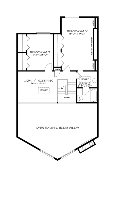A-Frame, Narrow Lot House Plan 57438 with 3 Beds, 2 Baths, 1 Car Garage Second Level Plan