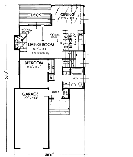 Cabin, Contemporary, Narrow Lot, Retro House Plan 57446 with 3 Beds, 1 Baths, 1 Car Garage First Level Plan