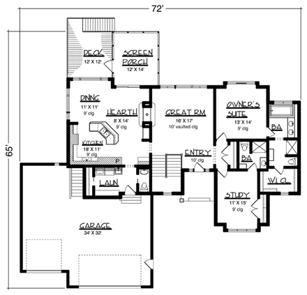 European, One-Story House Plan 57461 with 1 Beds, 3 Baths, 3 Car Garage First Level Plan