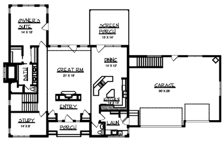 One-Story House Plan 57463 with 1 Beds, 2 Baths, 3 Car Garage First Level Plan