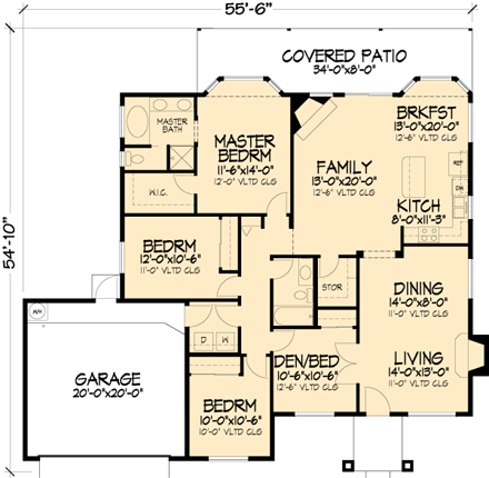 Florida, Mediterranean, One-Story, Southwest House Plan 57475 with 3 Beds, 2 Baths, 2 Car Garage First Level Plan