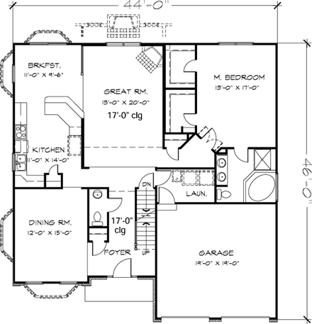 Colonial House Plan 57487 with 3 Beds, 3 Baths, 2 Car Garage First Level Plan
