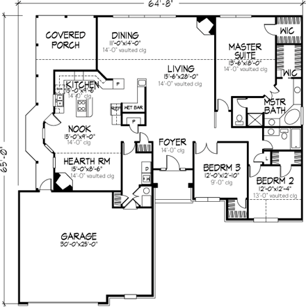 Country, One-Story, Ranch House Plan 57499 with 3 Beds, 2 Baths, 2 Car Garage First Level Plan