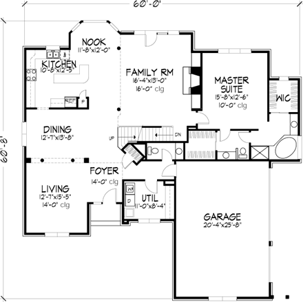 European House Plan 57500 with 4 Beds, 4 Baths, 3 Car Garage First Level Plan