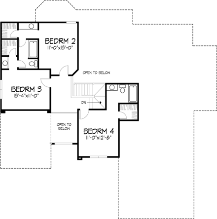 European House Plan 57500 with 4 Beds, 4 Baths, 3 Car Garage Second Level Plan