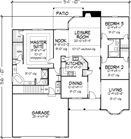 Country, Ranch House Plan 57503 with 3 Beds, 2 Baths, 2 Car Garage First Level Plan