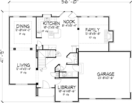 European House Plan 57518 with 3 Beds, 3 Baths, 2 Car Garage First Level Plan
