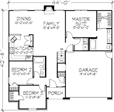 One-Story, Ranch House Plan 57520 with 3 Beds, 2 Baths, 2 Car Garage First Level Plan