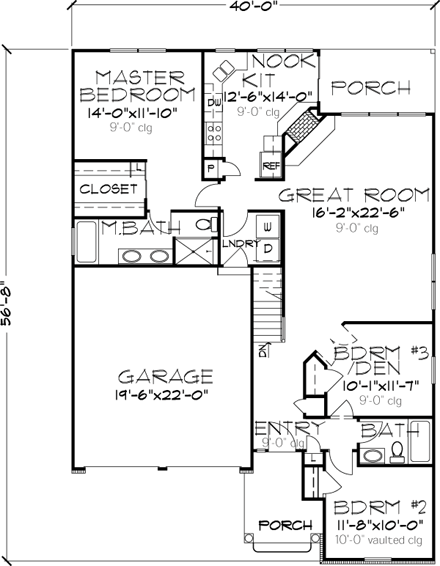 Bungalow, Craftsman, Narrow Lot, One-Story House Plan 57521 with 2 Beds, 2 Baths, 2 Car Garage First Level Plan