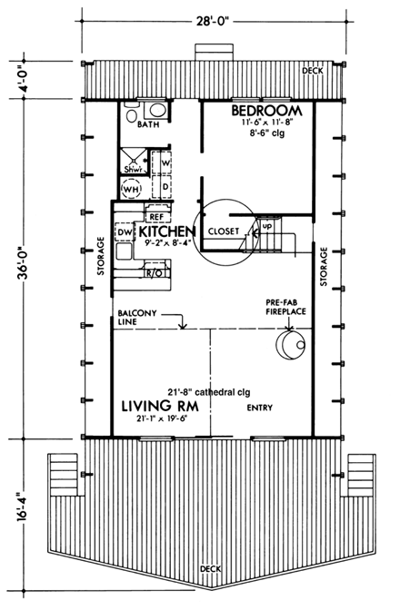 A-Frame, Contemporary, Narrow Lot, Retro House Plan 57544 with 2 Beds, 1 Baths First Level Plan