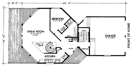 Narrow Lot House Plan 57549 with 2 Beds, 2 Baths, 2 Car Garage First Level Plan