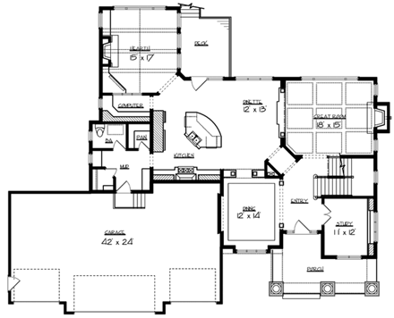 Cottage, European House Plan 57551 with 4 Beds, 4 Baths, 4 Car Garage First Level Plan