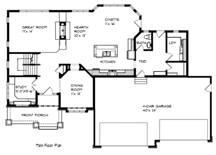 Cottage, Craftsman House Plan 57555 with 4 Beds, 3 Baths, 3 Car Garage First Level Plan