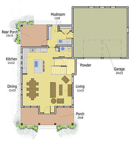 Bungalow, Cape Cod, Cottage, Craftsman, Farmhouse, Traditional House Plan 57600 with 2 Beds, 3 Baths, 2 Car Garage First Level Plan