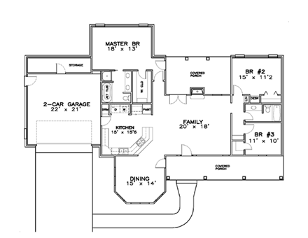 Contemporary, Southern House Plan 57703 with 3 Beds, 2 Baths, 2 Car Garage First Level Plan